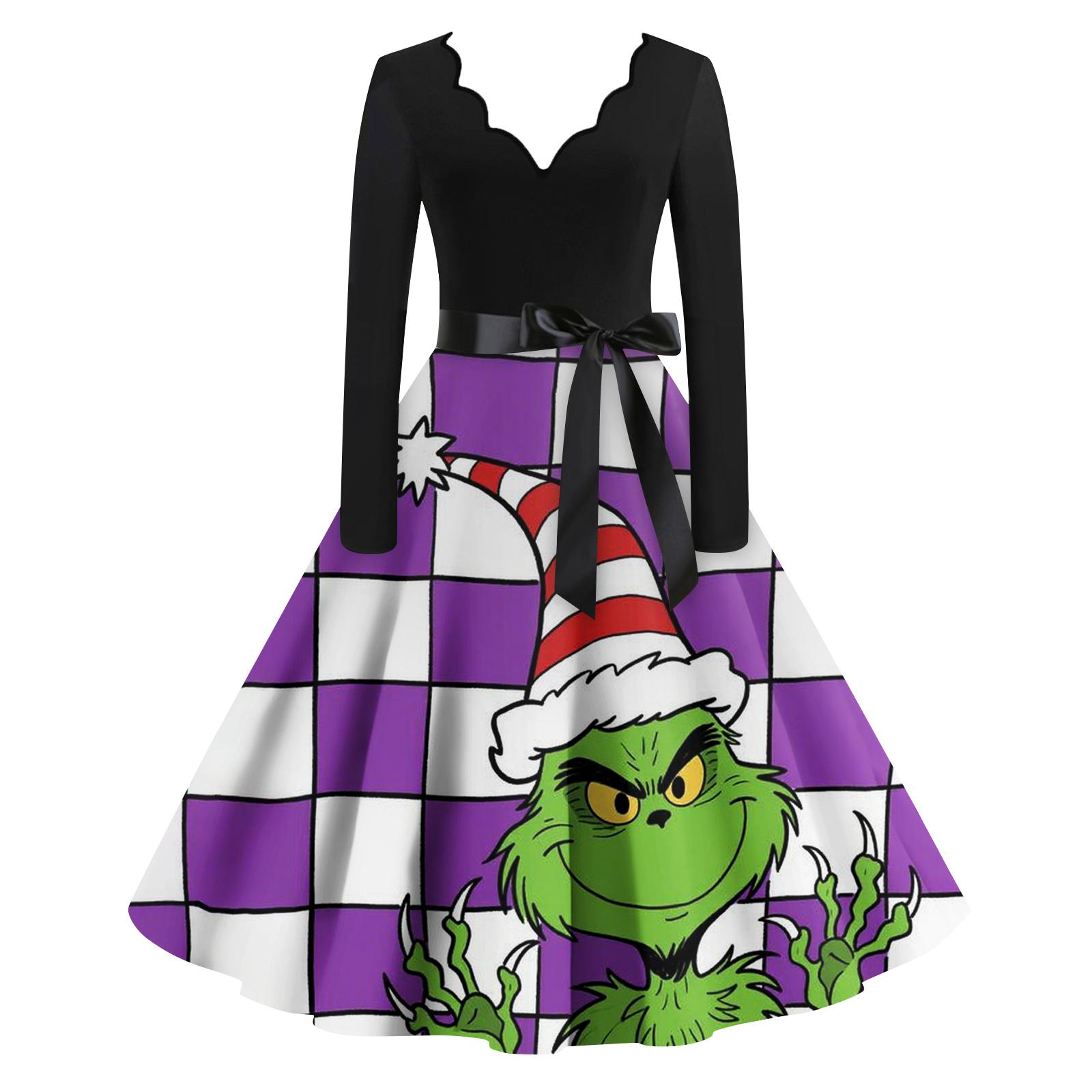 

Женское модное ретро платье с длинным рукавом, квадратным вырезом, рождественским принтом, вечернее платье XL фиолетовый