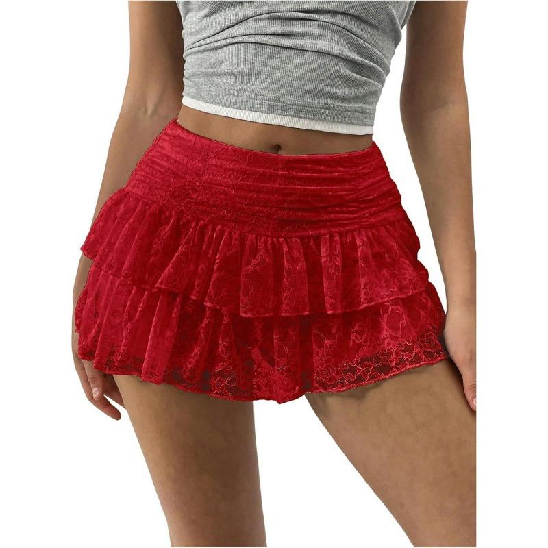 Women's Layered Lace Ruffle Mini Skirt High Waist Tiered Short Skirt Romantic Party Summer