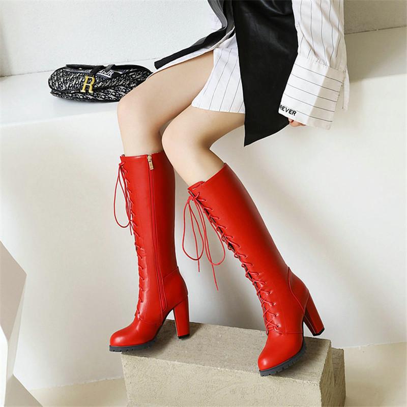 Women Knee-High Motorcycle Boots Cross Tied Thick Heel Platform Female Wedding Party Princess Shoes Lolita Knight Boots 32-46