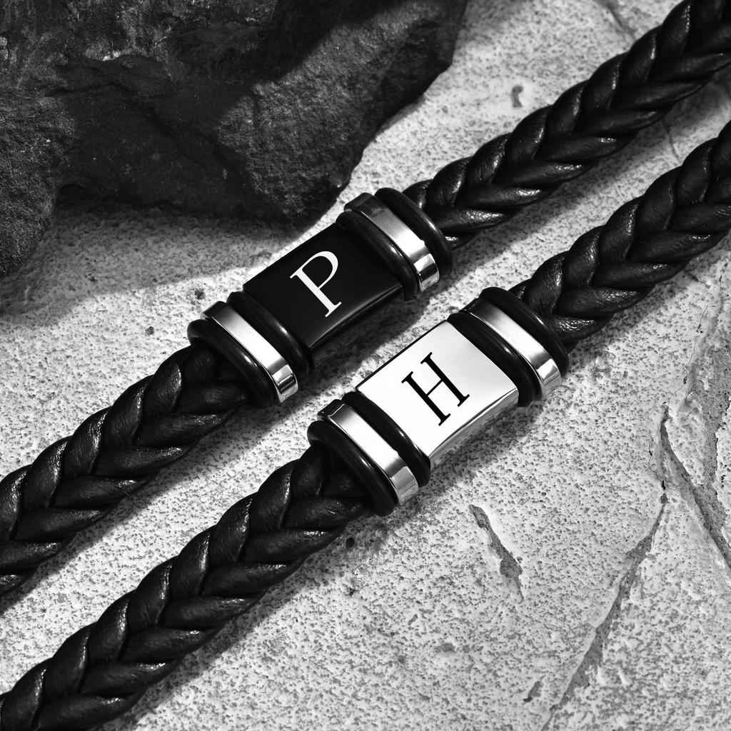 Initials Leather Bracelet for Men Boys,Stainless Steel A-Z 26 Letter Charm Woven Wristband,Casual Jewelry Gift To Father Husband