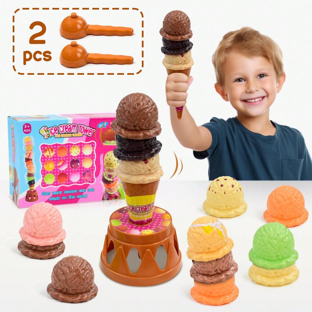 20 Piece Ice Cream Stacking Toys For Kids 3+, Montessori Sensory Play Set With Scoops,Cones,Pretend Kitchen Toys Develop Motor Skills,Vibrant Colors