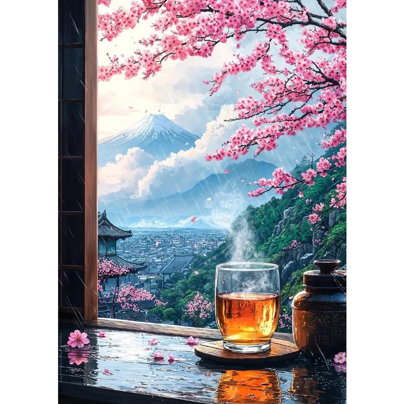 Pink City Asian Travel Japanese Cherry Blossoms At Mount Fuji Poster Light Prints Canvas Painting Wall Pictures Home Room Decor