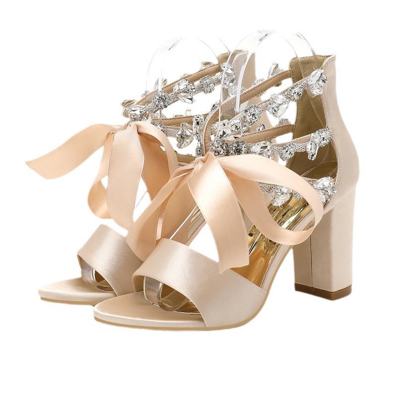 European and American Large Size One-word with Thick Heel Women's Sandals Satin Rhinestone High Heel Lace-up Bow White Rhinestone Women's Shoes 43
