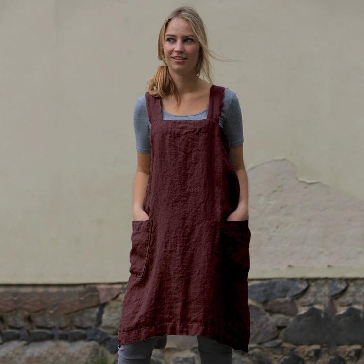 Women's Cotton and Linen Apron, Home Wear, Loose Long Dress