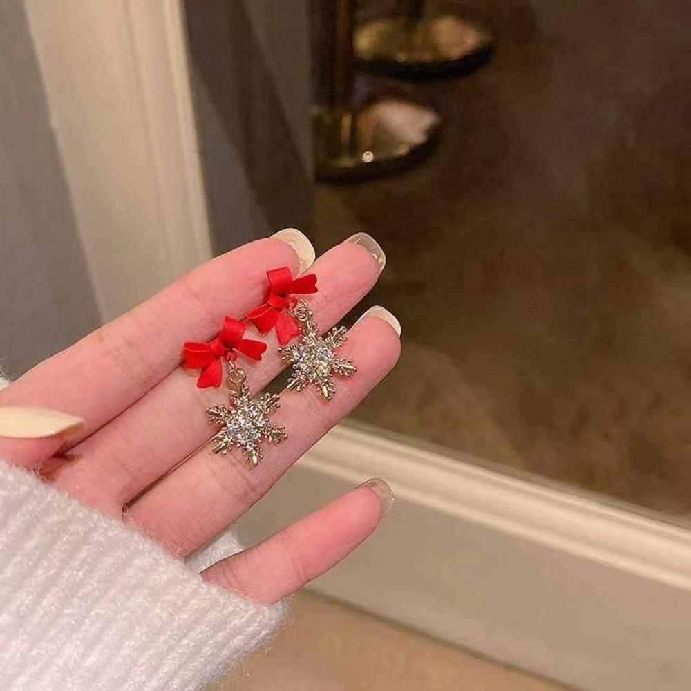 Exquisite Luxury Red Bowknot Shining Zircon Snowflake Pendant Stud Earrings for Women Sweet Romantic Christmas Party Jewelry