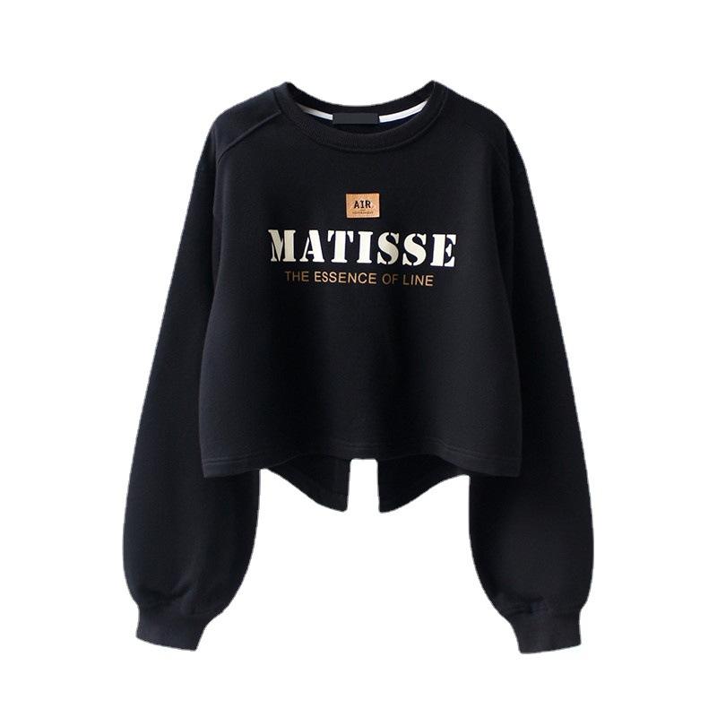 Pull pour femme High Street à fente irrégulière, tendance, paresseux, imprimé de lettres, manches lanternes, col rond, top court pour femme