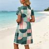Women’s Short Sleeve Geometric Print Crew Neck Casual Waist Dress with Pockets Relaxed Fit Summer Outfit