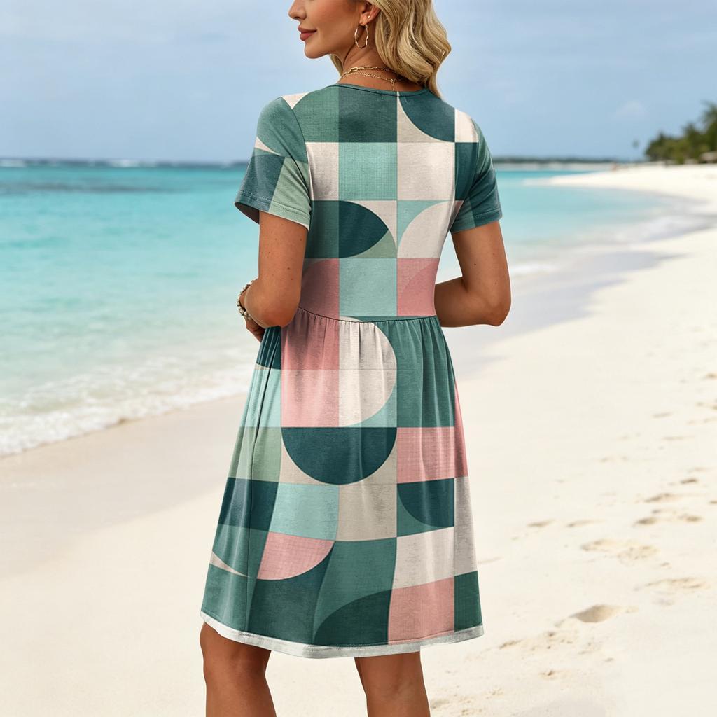 Women’s Short Sleeve Geometric Print Crew Neck Casual Waist Dress with Pockets Relaxed Fit Summer Outfit