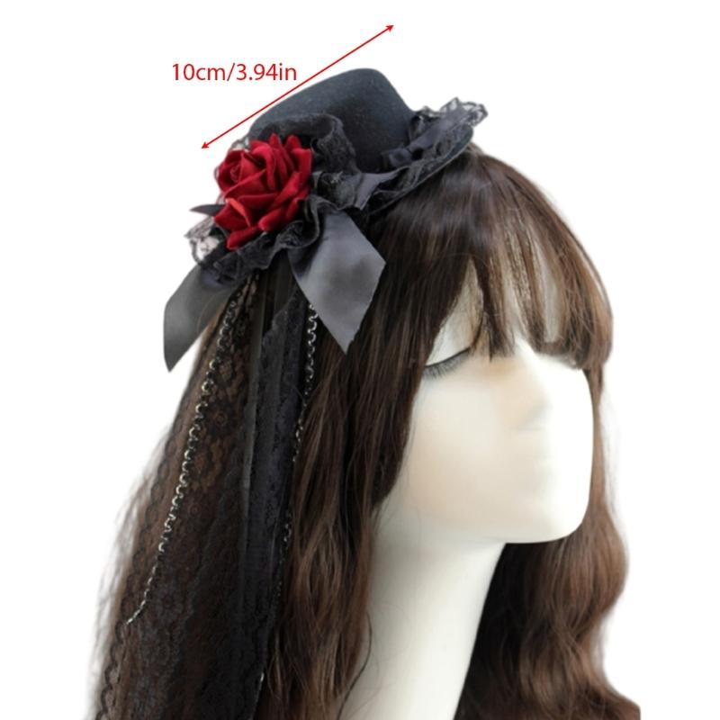 Punk Rose Flower Lace Hat with Hair Clip Anime Headwear For Women Music Festival And Everyday Hairstyles Halloween Props