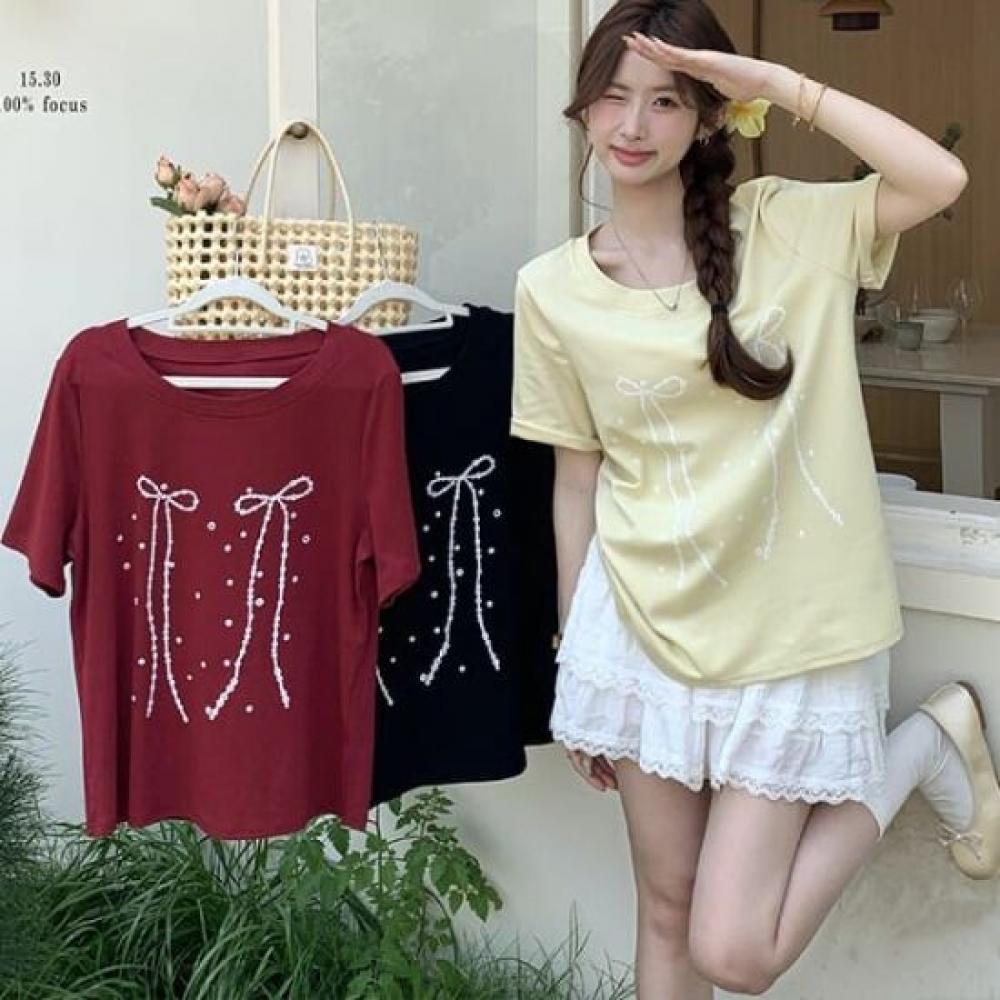 Navava Women Ribbon PrinTing Round Neck ShorT Sleeve T shirT nT2427