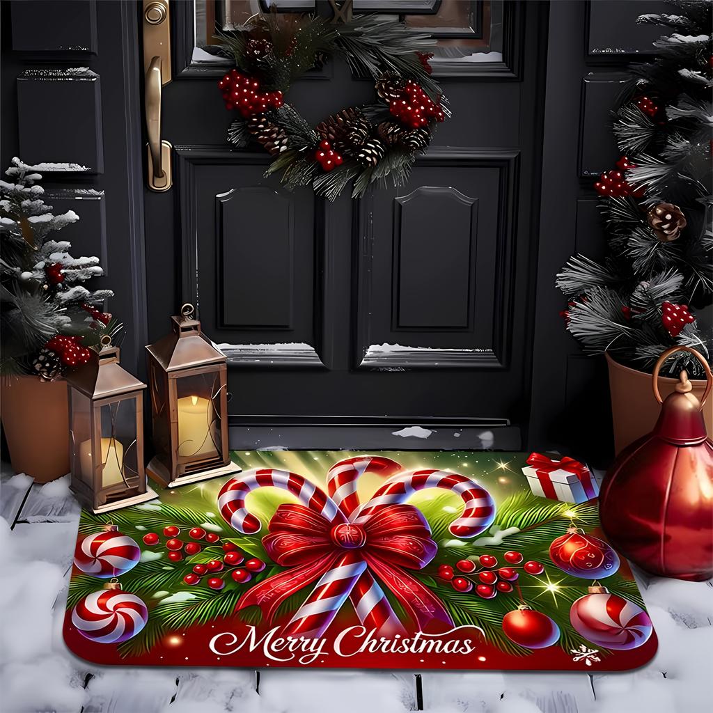 Christmas Candy Cane Bells Doormat, Non-Slip Flannel Holiday Mat for Front Door, Machine Washable Easy Clean Festive Home Decor