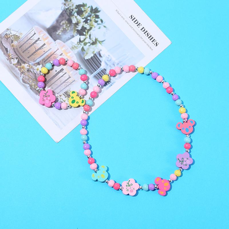 2pcs/Set Fashion Natural Wood Beads Jewelry Cute Animal Pattern Necklace Bracelet For Children Party Jewelry Girl Birthday Gift