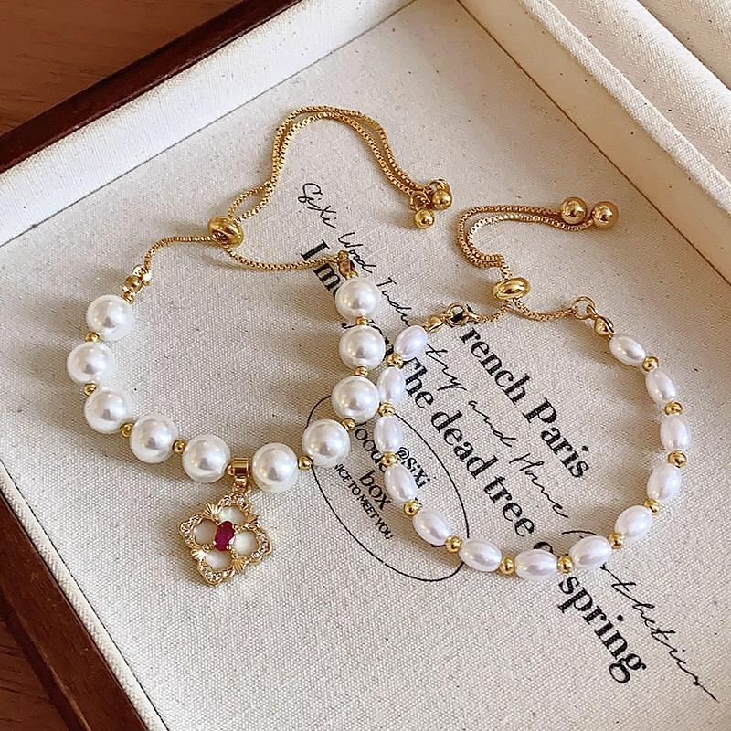 French Vintage Geometric Pearl Bracelet With Gold Plating For Womens Gift