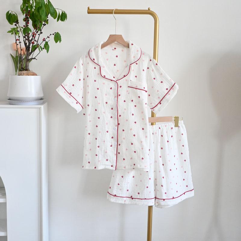 Damski letni zestaw piżamowy z czystej bawełny - Słodki, Przewiewny, Krótki rękaw i Szorty