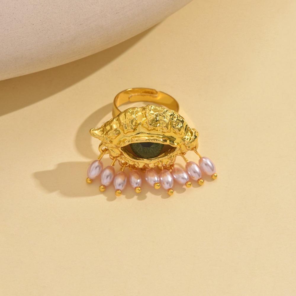 Exaggerated Personality Pearl Pendant Evil Eye Gold Color Rings for Women Men Retro Punk Hip Hop Rock Finger Jewelry Accessories