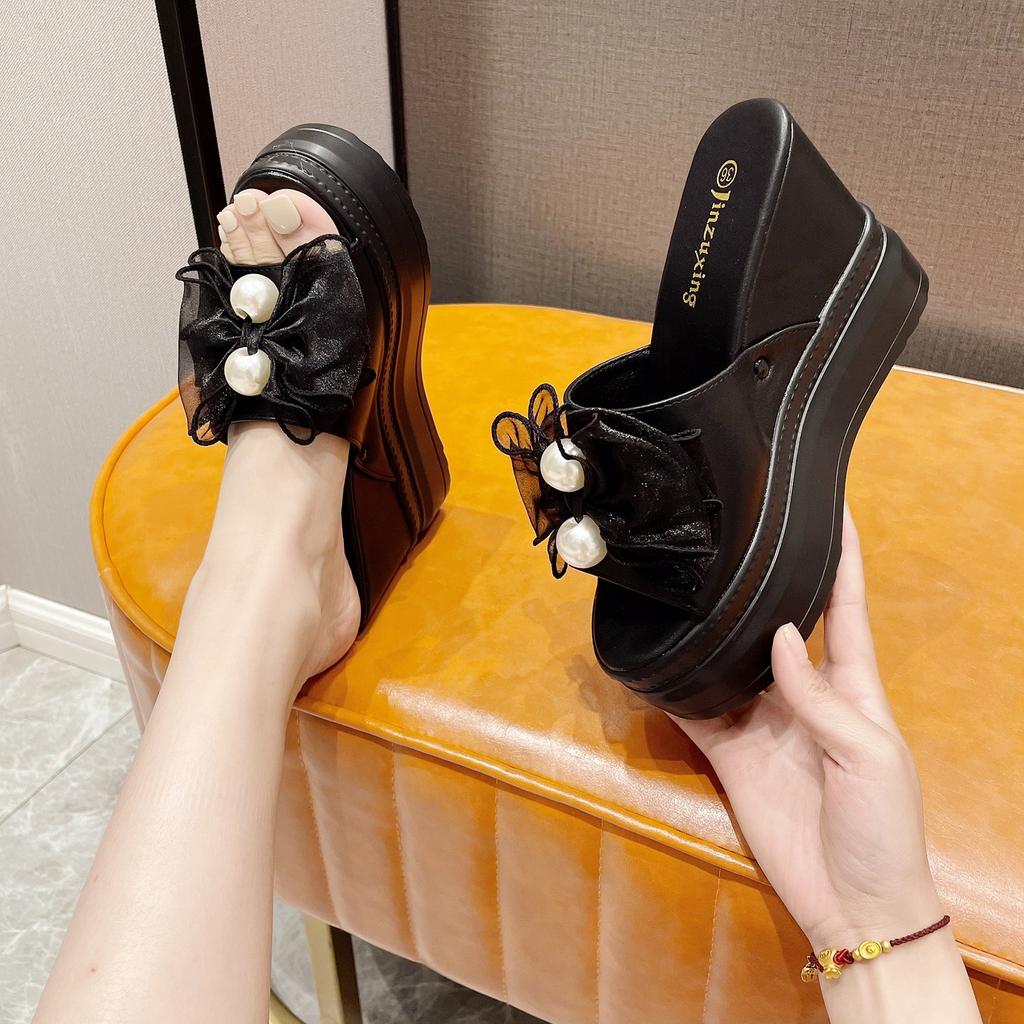 138-32 Slope Heel High Heel Sandals 10CM Waterproof Table Muffin Thick Bottom Bow Pearl White Fish Mouth Slippers Women