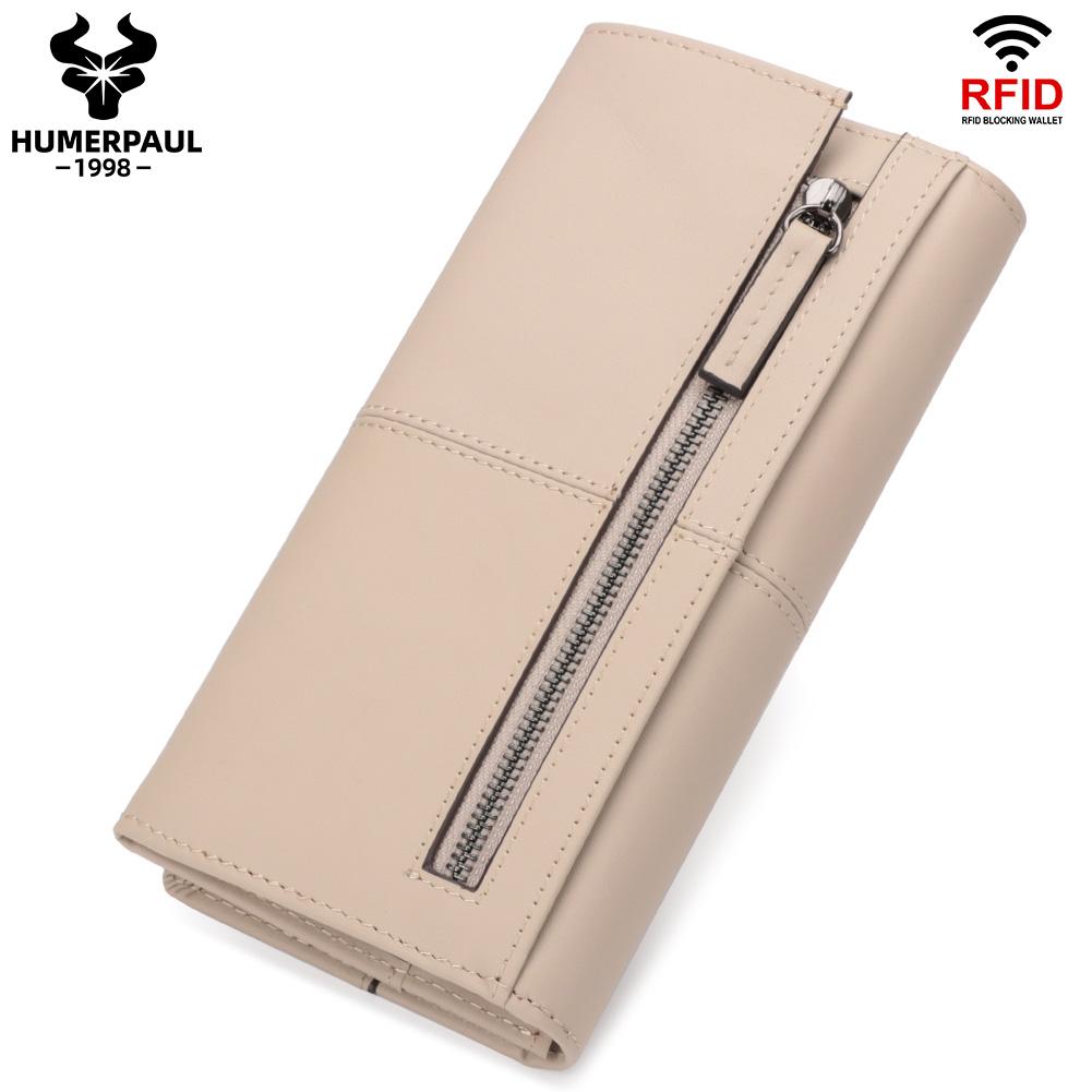 Humerpaul The First Layer of Cowhide Ladies Clutch, Large-capacity RFID Anti-theft Swipe Multi-card Wallet with Photo Window