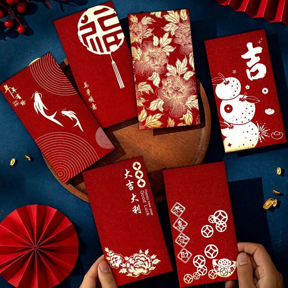 6 Stück Glückliche Rote Umschläge Chinesischer Stil Goldfolien-Design Bargeldgeschenkumschläge Neujahrssegen 2026 Glück Geldbeutel