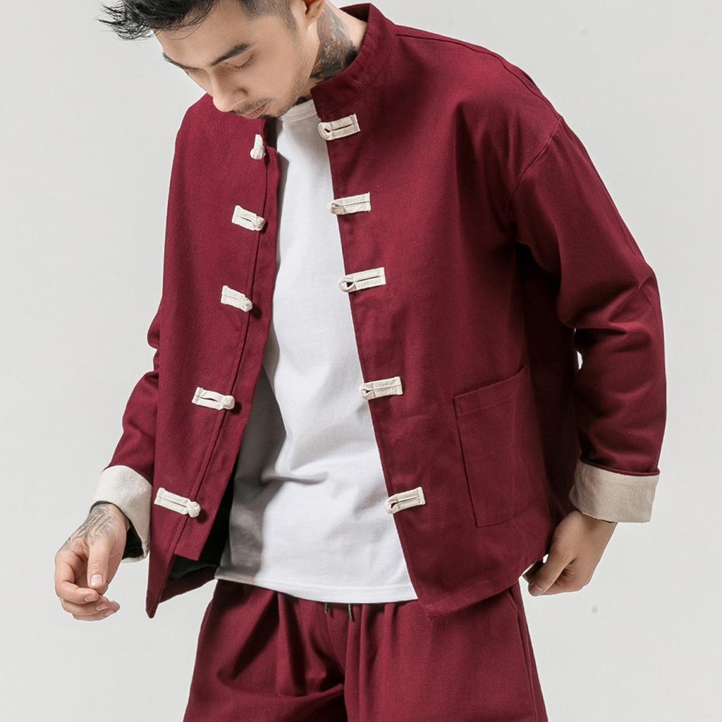 Danmo Chinese Traditional Retro Coat Man Autmn Long Sleeve Tang Suit Mandarin Collar Buckle Jacket Oriental Cotton Kung Fu Shirt