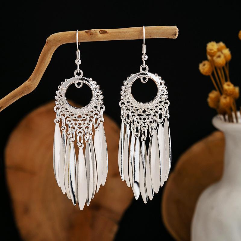 Ethnic Miao Silver Leaf Tassel Earrings