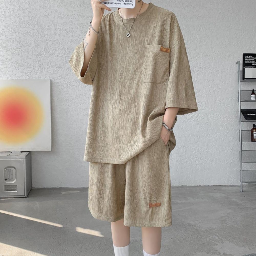 Aaronlive Short Sleeve and Short Pants Summer Plus Sizes and Cool Khaki Size M Men's T-Shirt Set, Wear, Available, Casual, Stylish, Breathable,