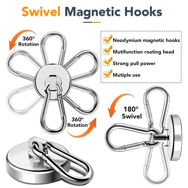 1/10 peças Ganchos magnéticos fortes com mosquetão giratório Gancho magnético de neodímio rotativo para geladeira de cozinha com sucção magnética