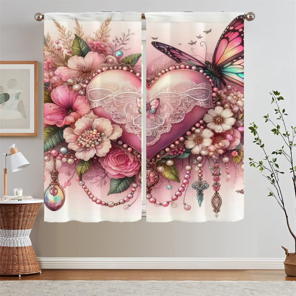 

Цветы и бабочки Любовь Кухонные занавески 2 шт. Оконные прозрачные занавески для гостиной, спальни, украшения, шифоновая занавеска W50xH70cmx2pcs-CL