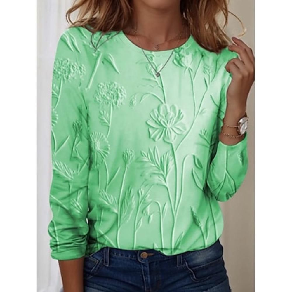 Women's T Shirt Floral Casual Long Sleeve Round Neck Regular Tops Weekend Print Clothing