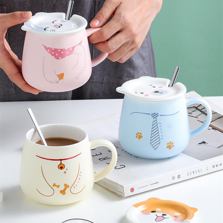 Cute Cartoon Ceramic Cup Creative Animal Face Cover Mug Shiba Inu Cup Taste Cat Water Cup Big White Bear Breakfast Cup