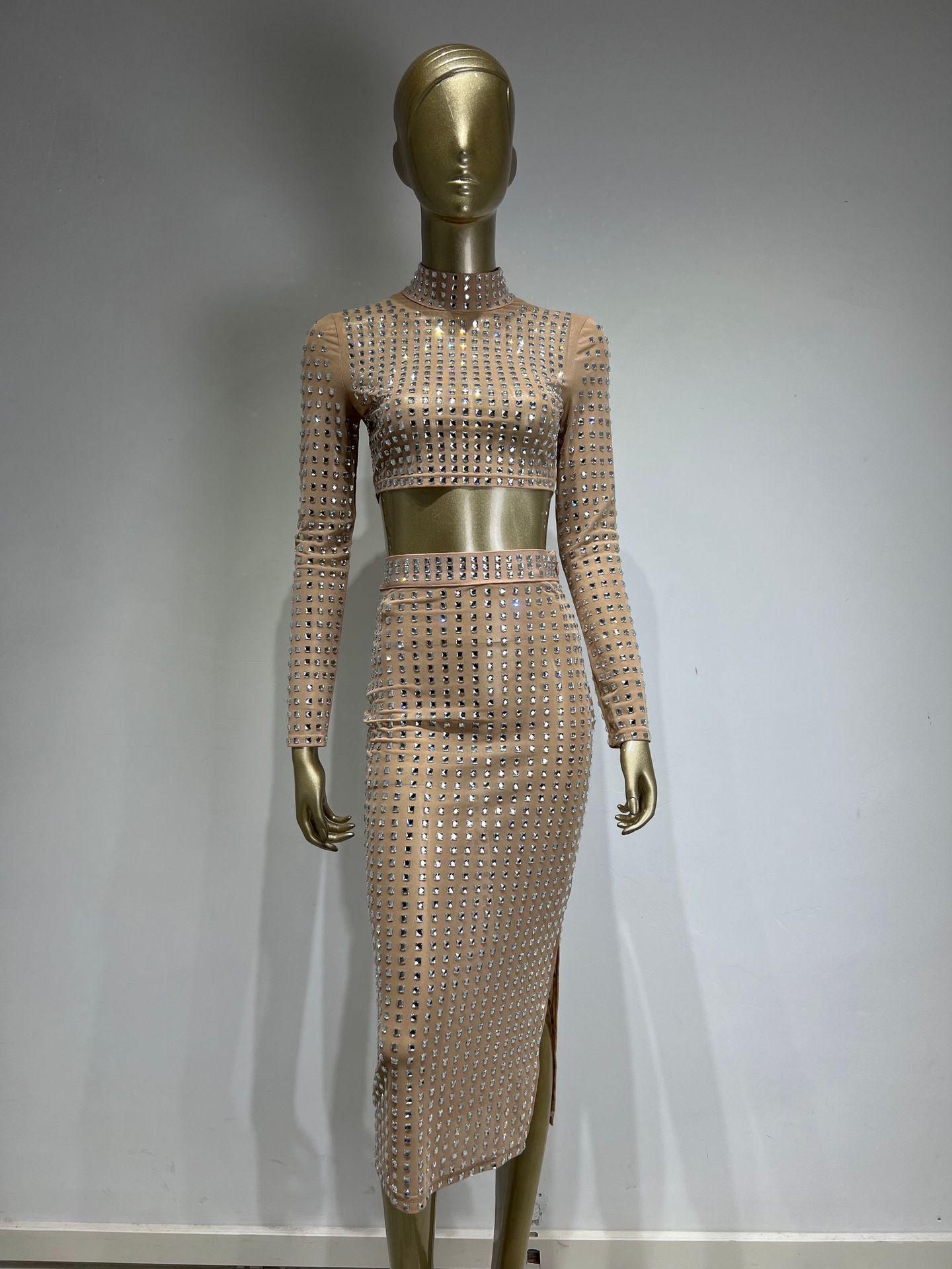 

Европейская и американская мода: Женский сексуальный костюм с эластичной юбкой и заклепками, с длинными рукавами. Large