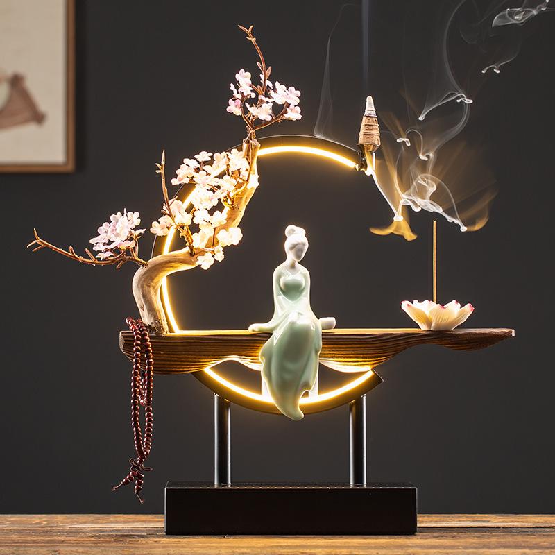 Chinese Style LED Ring Lamp with Backflow Incense Burner for Living Room Decor