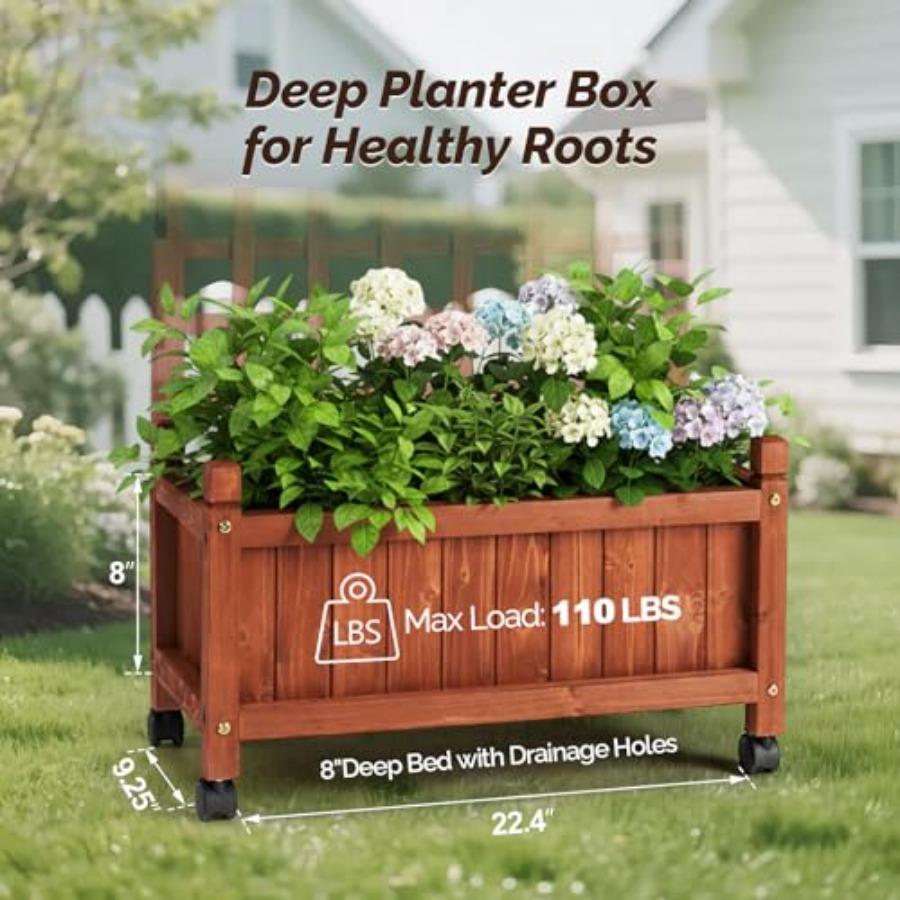 50 Height Wooden Planter with Trellis and Wheels for Garden Patio Balcony Free-Standing Elevated Planter Box with Drainage Hole