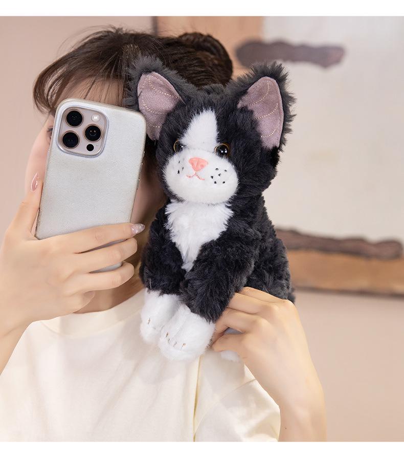 Adorable Striped Cat Plush Desk Companion - Black & White Figurine Soothing Doll for Children’s Birthday Gift