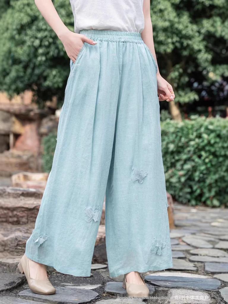 Artistic Retro High-Waisted Embroidered Ramie Pants - Spring 2026 Women's Casual Loose Straight-Leg Style.