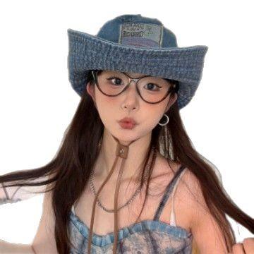 Korean Version Sticker Bear Denim Bucket Hat Women's Spring and Summer Retro Big Brim Mountaineering Hat Showing Face Small Sunshade Sunscreen Hat