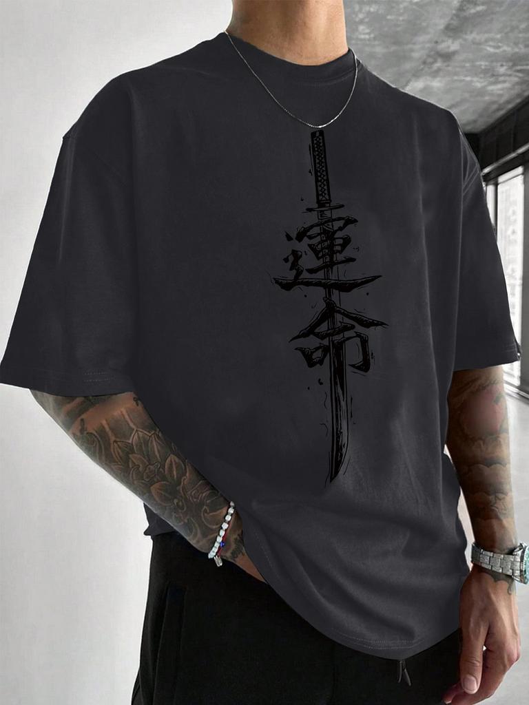 Unisex Crew Neck Japanese Katana Kanji Print Short Sleeve Cotton Tee Casual Summer Streetwear Loose Basic Daily Outdoor Wear Top