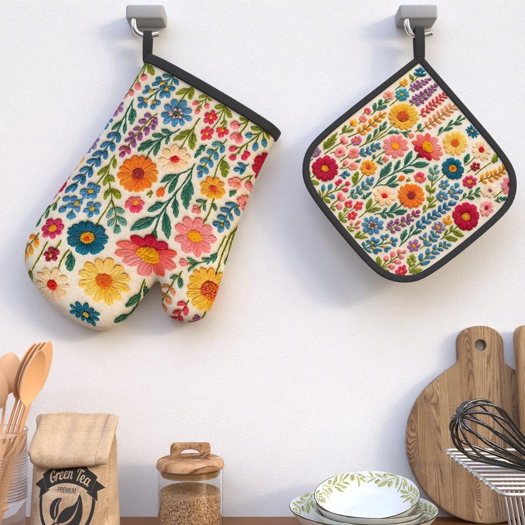 2PS 10.6*6.7 Inch Oven Mitt2PS And Pot Holder2PS Flower colored wool Heat Re2PSi2PStant Oven Mitt2P