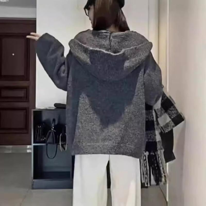 Vintage fashion hooded knitted cardigan top women's autumn and winter new soft waxy loose lazy wind sweater jacket
