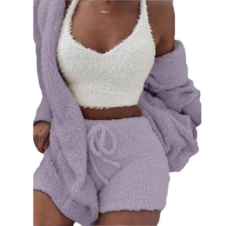 Conjunto de Pijama de Felpa de Invierno para Mujer, Estilo Europeo y Americano, 3 Piezas: Top Corto de Manga Larga, Chaleco y Shorts