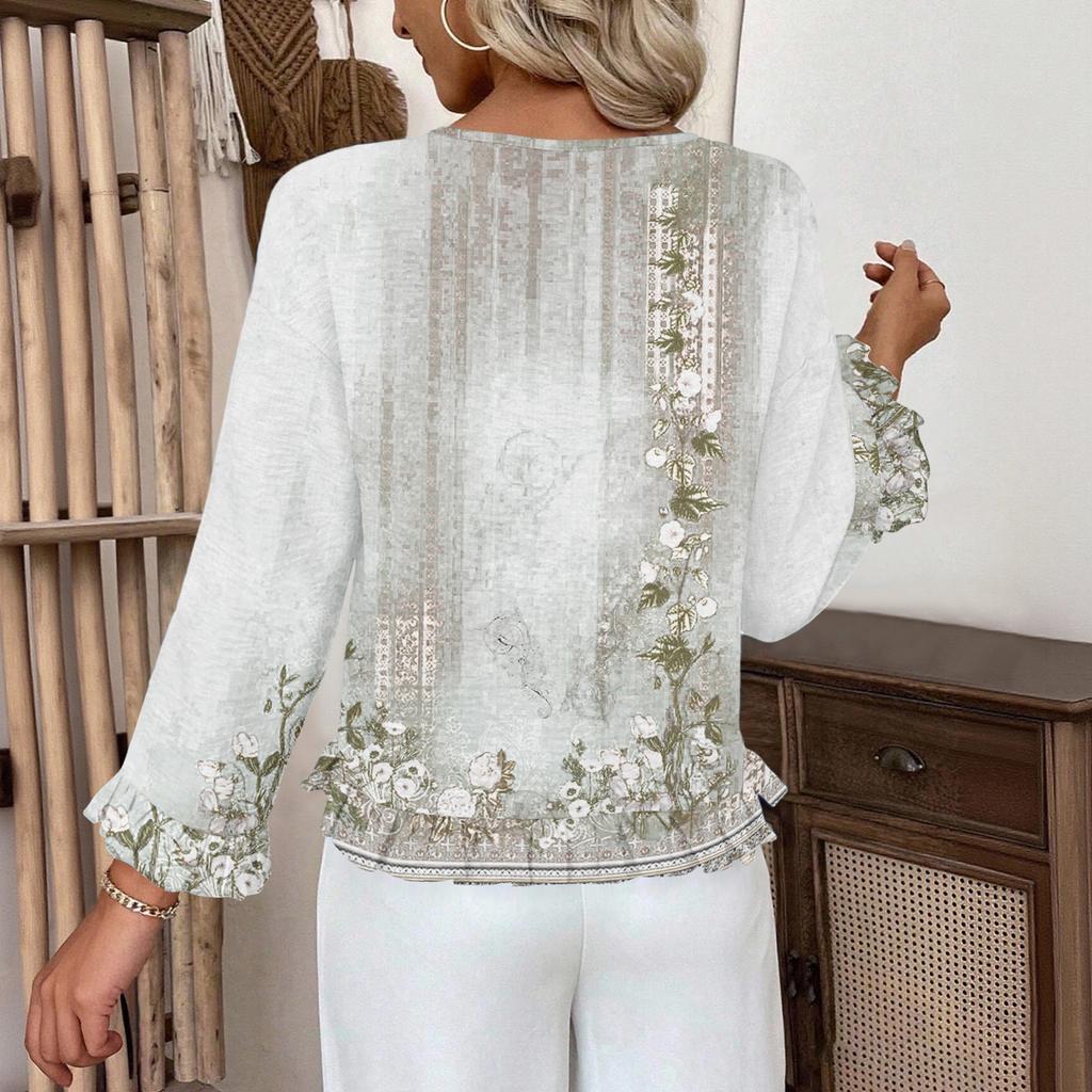Dames Casual Mode Ruche V-Hals Zak Retro Print Lange Mouw Top