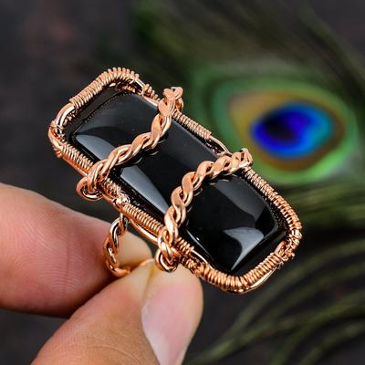 Bague cadeau en onyx noir naturel, faite à la main, avec fil de cuivre enroulé, taille 5,5 z9z39