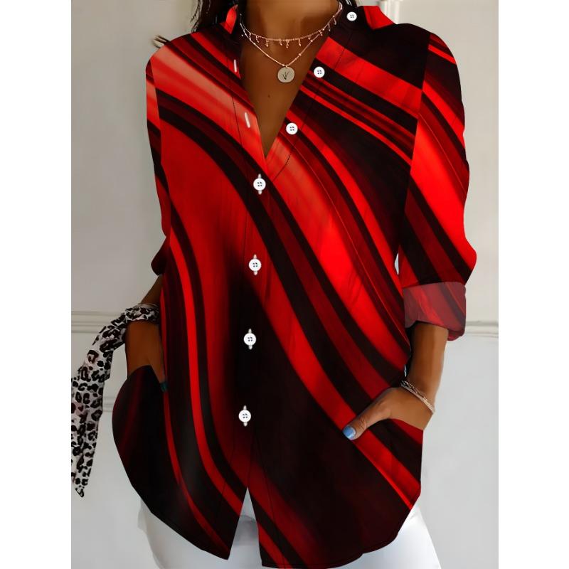 Large Size Women's Long-sleeved Shirt Dynamic Corrugated Style Loose Printed Shirt Red and Black Stripes