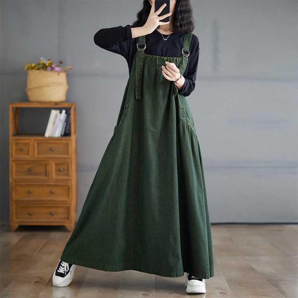 Vestito Salopette in Denim Lavato Retrò da Donna Vestibilità Larga Lungo Maxi Linea ad A Casual Tuta Vestito