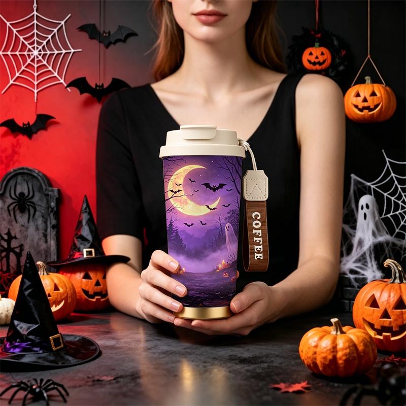 Halloween Coffee Cup 532ml Purple Mist Forest Pumpkin Ghost Bat MotifCommuter Coffee Cup Car Portable Cup Portable Thermos Coffee Cup 532ml