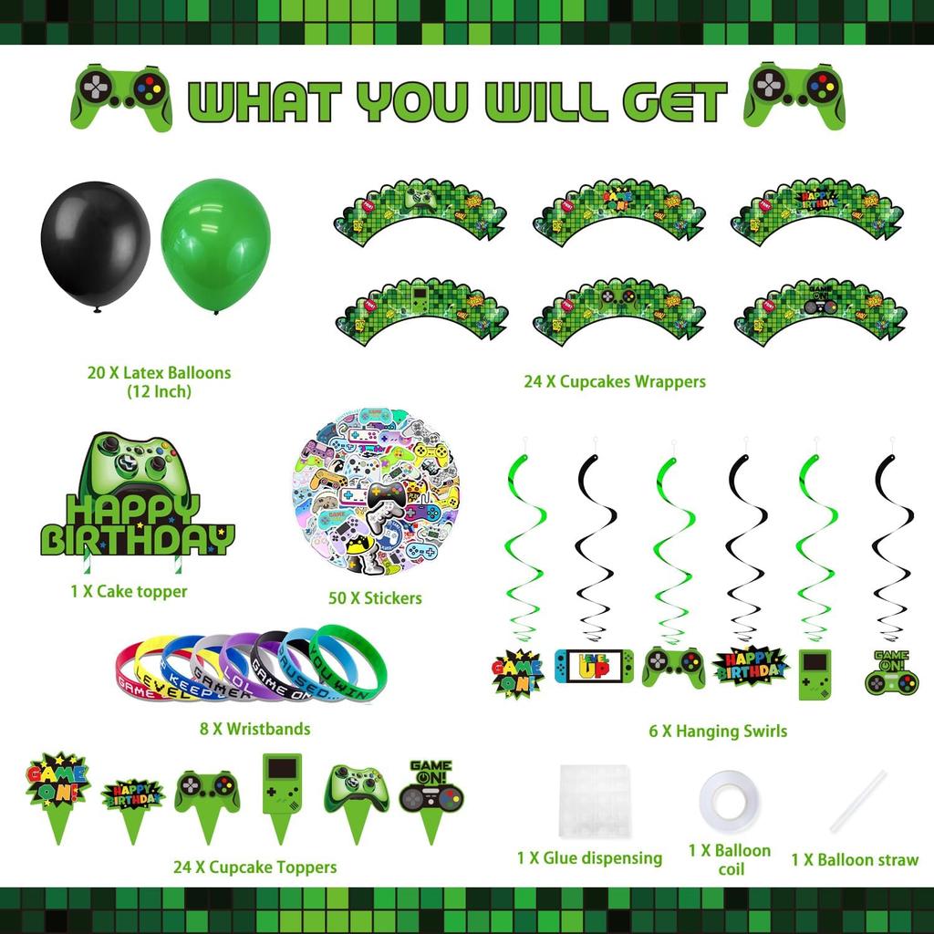 Green Gamer Birthday Party Decoration - 217Pcs Video Game Gaming Party Supplies For Boys Birthday Party - Backdrop, Table Cover, Plates, Cups,