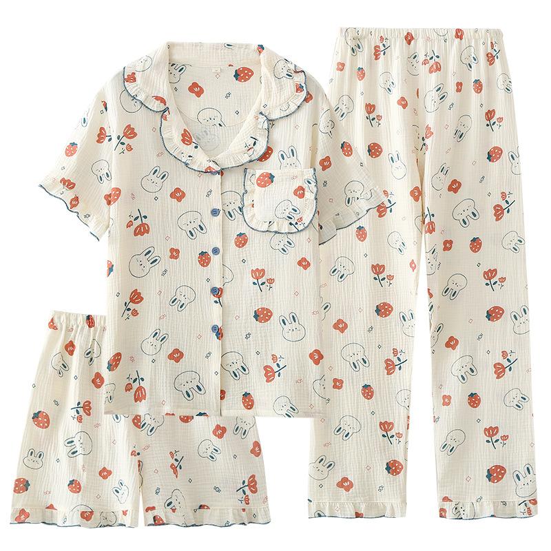 Thin summer pajamas for women, cotton cotton yarn rabbit short-sleeved trousers shorts set spring and autumn three-piece set