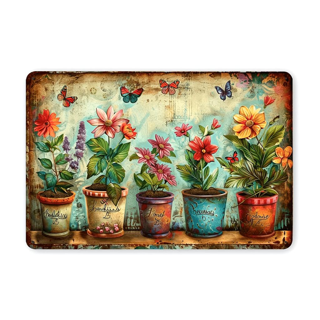 Vintage Garden Metal Tin Sign Wall Art Rustic Potted Plants Colorful Flowers Design Durable Iron Waterproof X Inch Ea