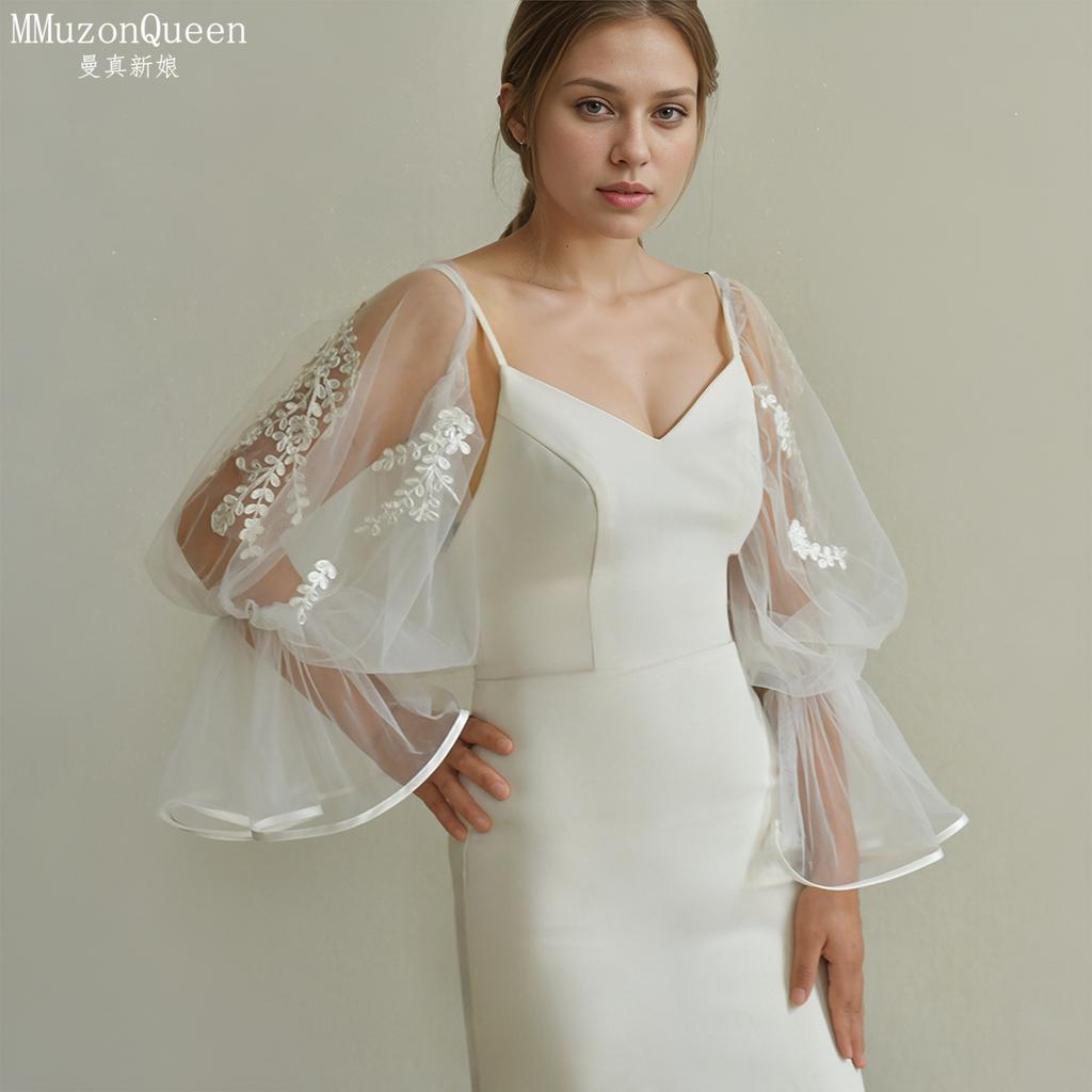 Detachable Off Shoulder Tulle Puff Arm Cuffs, Floral Embroidery Flared Bell Mesh Sleeve Covers For Bridal Wedding Strapless Gown Photoshoot