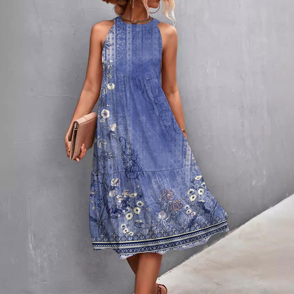 Women's Summer Sleeveless Solid Color Printed Loose Splicing Casual Hanging Neck Beach Dresses