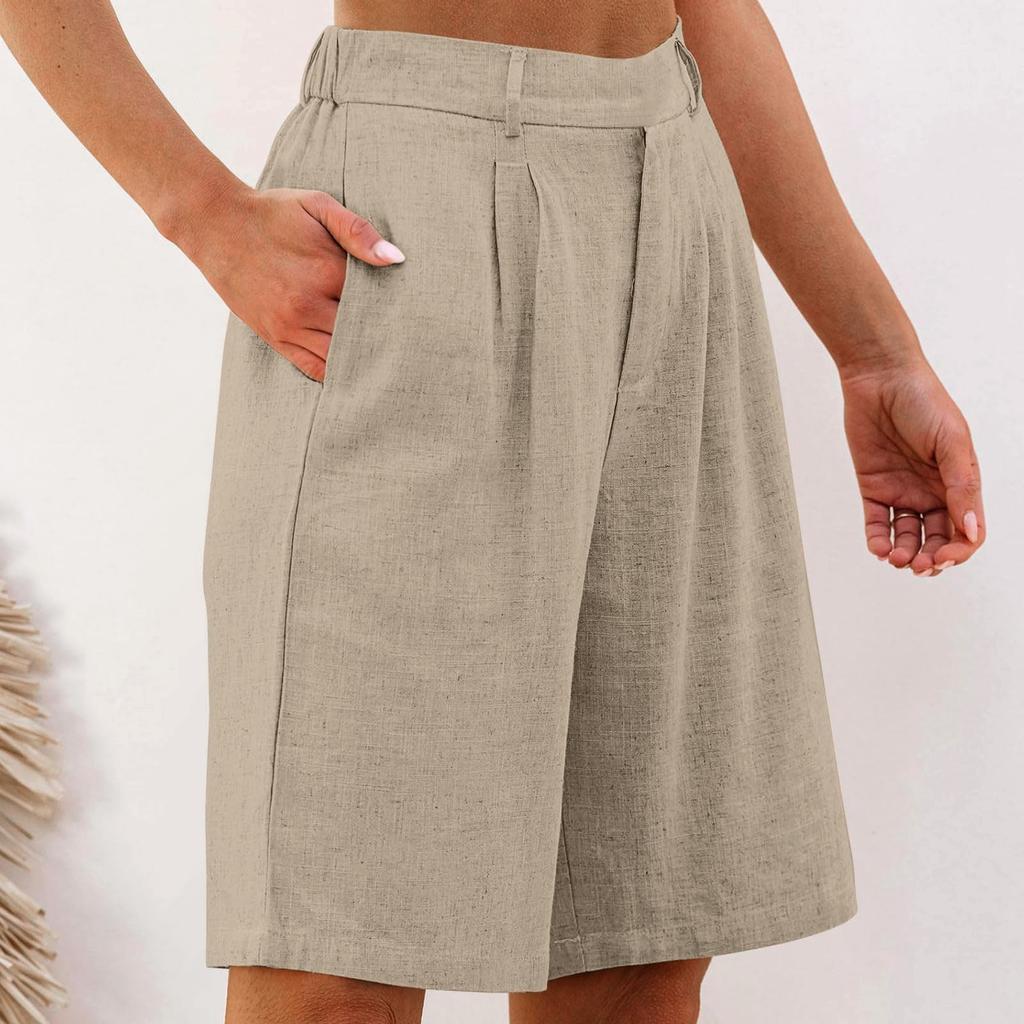 Dámské šortky ke kolenům elegantní se širokými nohavicemi s vysokým pasem na gumu dámské lněné kalhoty letní ležérní